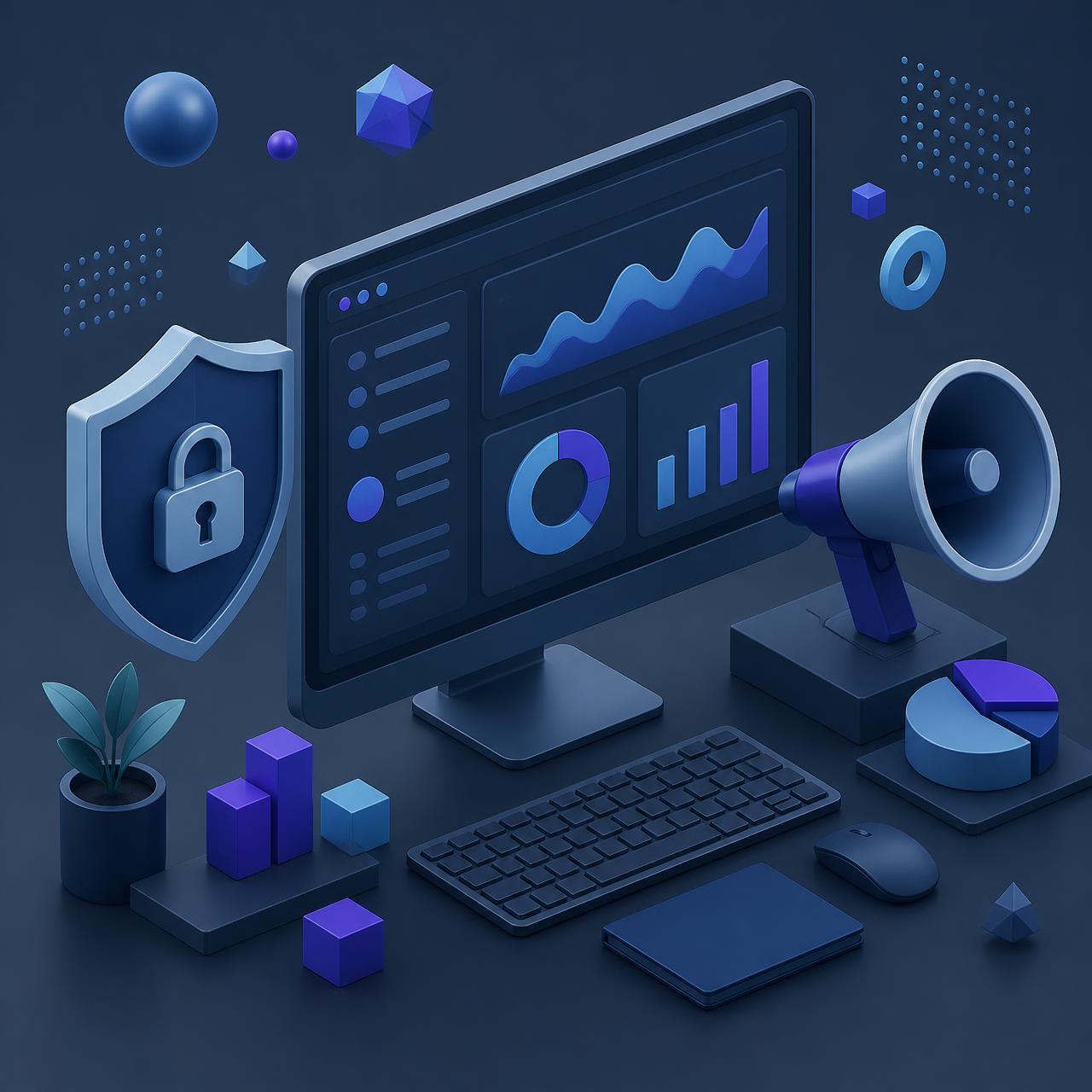 Isometric illustration of a dashboard, security shield and megaphone